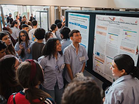 Students looking at a data presentation.